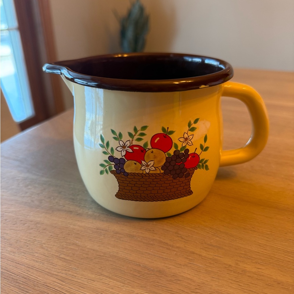 Vintage F.T.D.A. Pitcher Beige Enamelware with a Fruit Basket Design 1986